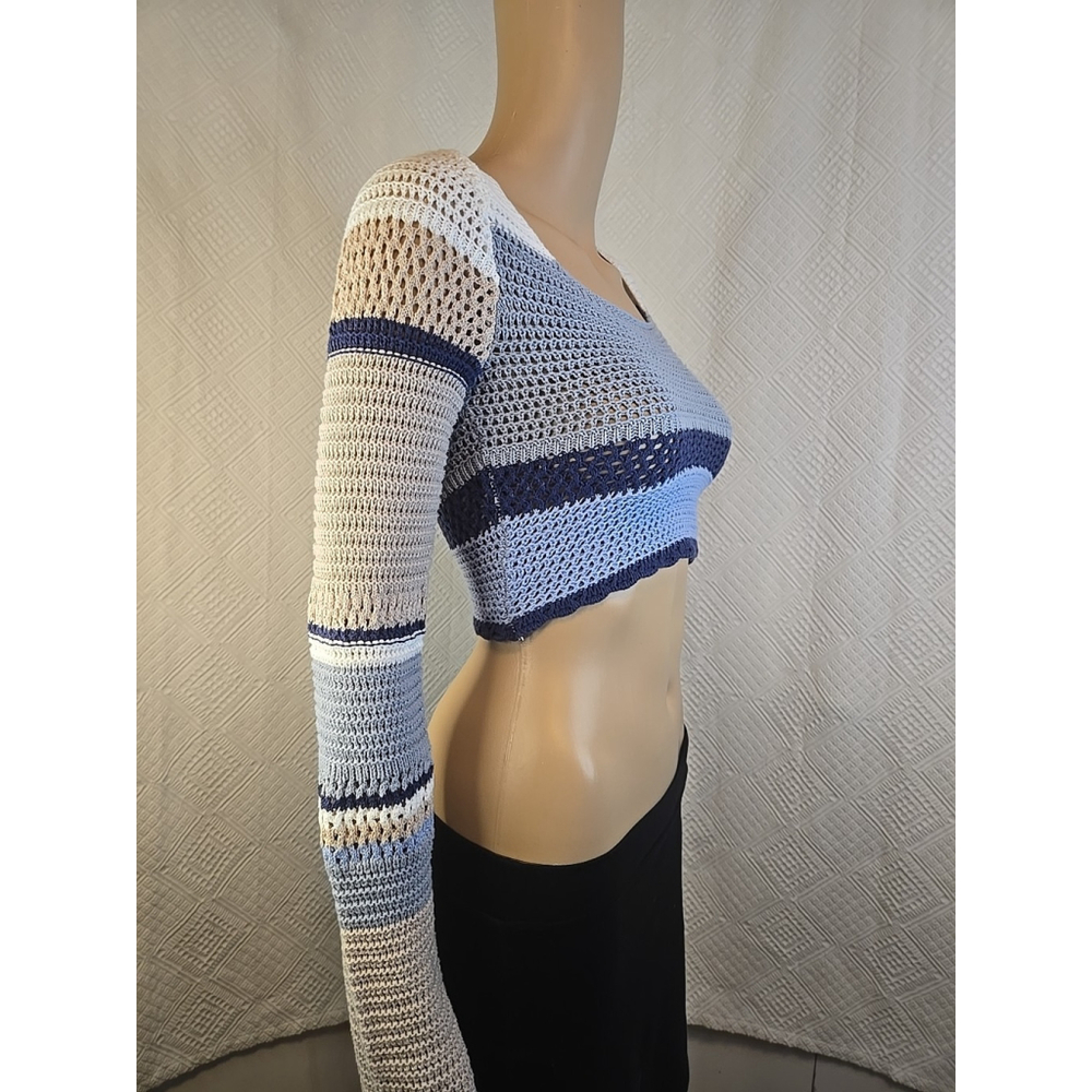 Altar'd State Women XS Crochet Crop Top Tie Back Bell Sleeve Blue Boho - Picture 7 of 10